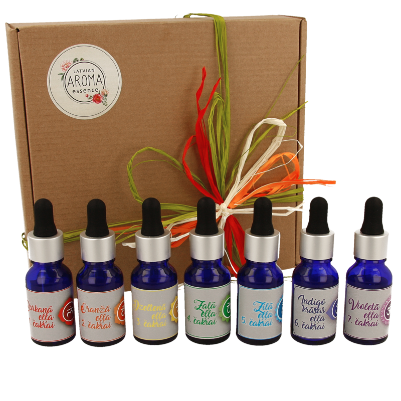 A SET OF CHAKRA OIL BLENDS (1st to 7th Chakra) in a cardboard box